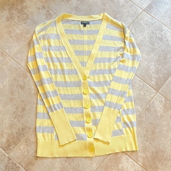 Express cotton striped cardigan sweater yellow gray lightweight v neck small - Picture 5 of 6